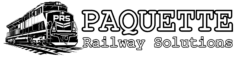 Locomotive with PRS on the front and Paquette Railway Solutions next to it.